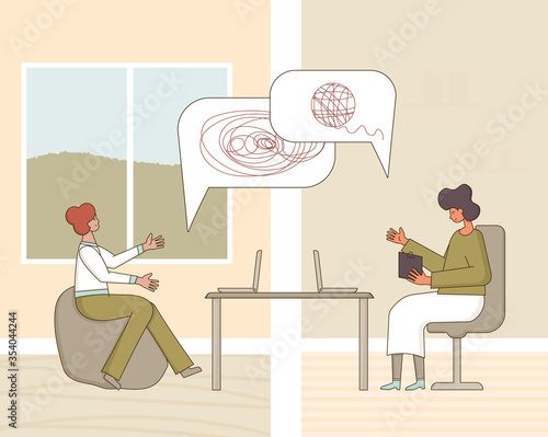 Online stress therapy scene. Color vector flat.