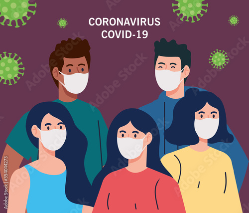 people using medical protective mask against coronavirus 2019 ncov vector illustration design