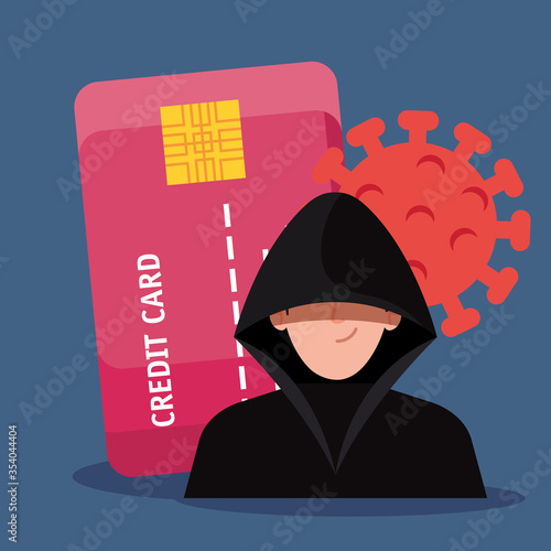 hacker with credit card during covid 19 pandemic vector illustration design