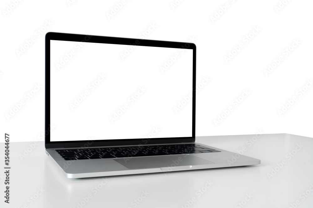 Workplace with laptop isolated on white. Blank screen, you can add your content here. Workplace with laptop isolated on white. Blank screen, you can add your content here.