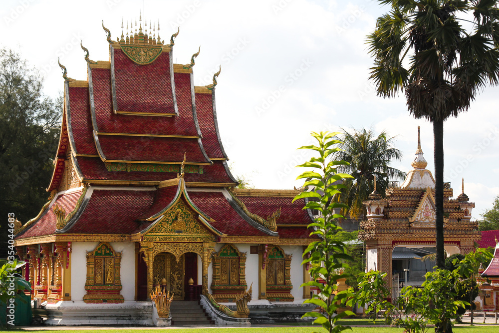 Panoramic view of a buddhist wat in Siamese Lao PDR, Southeast Asia