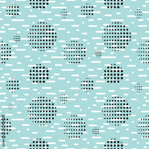 Seamless pattern with dots, circles and lines. Blue abstract background. Geometric pattern.