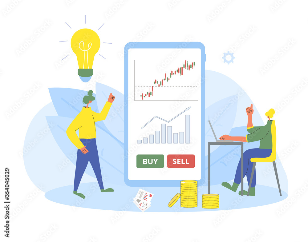 Investment application concept. Minor shareholders choosing buy or sell with mobile financial app. Stock market boom. Young woman and man thinking about growth in equity prices with huge phone. Vector Investment application concept. Minor shareholders choosing buy or sell with mobile financial app. Stock market boom. Young woman and man thinking about growth in equity prices with huge phone. Vector