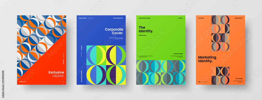 Naklejka premium Company identity brochure template collection. Business presentation vector A4 vertical orientation front page mock up set. Corporate report cover abstract geometric illustration design layout bundle.