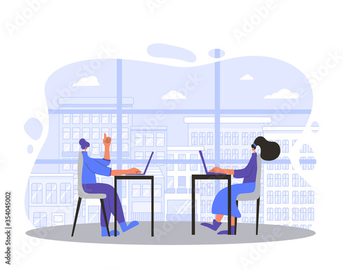 Two young women working on computer near big window. Coworkers sitting at the meeting and talk about curent project. Characters working on laptop. Vector flat color illustration. photo