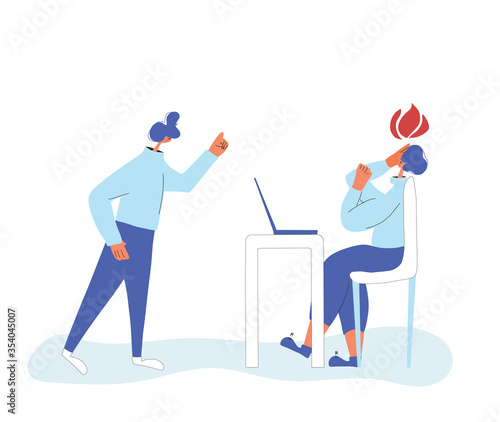 Adviser. Character working on computer and other person wagging his finger at her. woman using laptop. Vector flat color illustration..