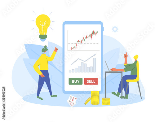 Investment application concept. Minor shareholders choosing buy or sell with mobile financial app. Stock market boom. Young woman and man thinking about growth in equity prices with huge phone. Vector