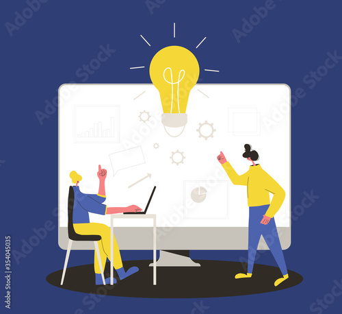Brainstorming. Have a business idea. Character working on computer and her coworker standing and thinking. Vector flat color illustration.