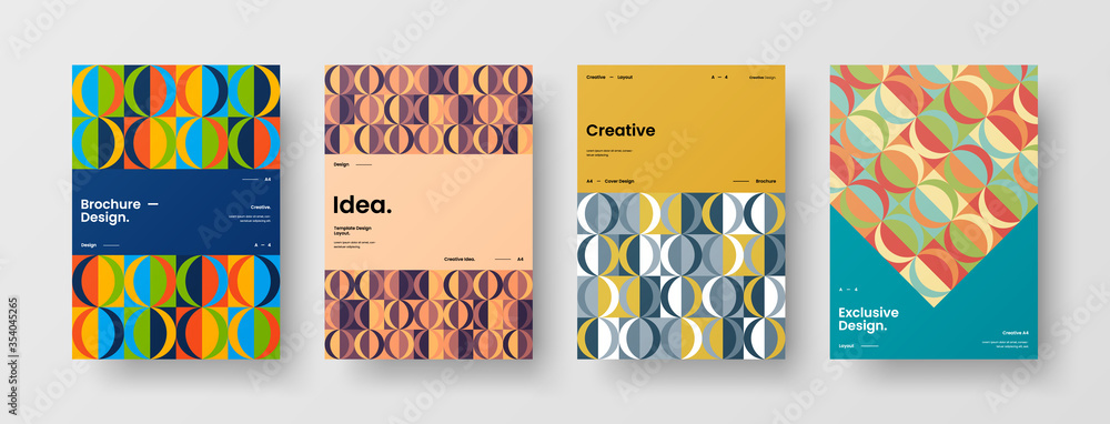 Naklejka premium Company identity brochure template collection. Business presentation vector A4 vertical orientation front page mock up set. Corporate report cover abstract geometric illustration design layout bundle.