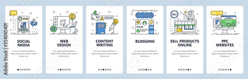 Make money online business. Social media advertisement, content writing, ecommerce. Mobile app screens. Vector banner template for website and mobile development. Web site design illustration