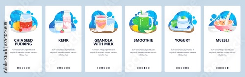 Healthy breakfast meal. Organic healthy food icons set. Kefir, yogurt, granola milk, muesli. Mobile app screens. Vector banner template for website and mobile development. Web site design illustration