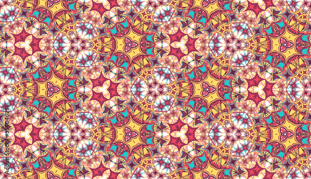 Abstract seamless pattern, background. Colorful kaleidoscope on white. Useful as design element for texture and artistic compositions.