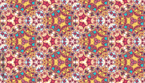 Abstract seamless pattern, background. Colorful kaleidoscope on white. Useful as design element for texture and artistic compositions.