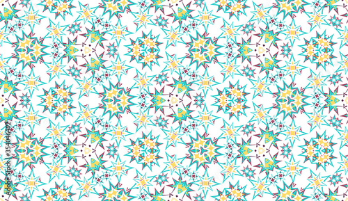 Abstract seamless pattern, background. Colorful kaleidoscope on white. Useful as design element for texture and artistic compositions.
