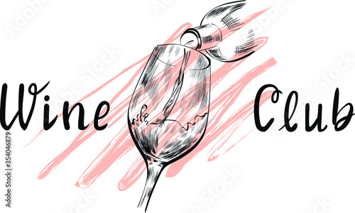 Wine pouring in glass, lettering vector isolated design elements on white background. Concept for menu, banner, cards 