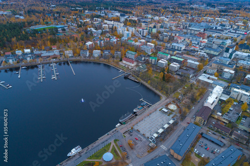 Above the city of Lappeenranta on a cloudy October day (aerial photography). Finland