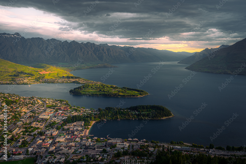 Iconic view of Queenstown from the Skyline at sunset