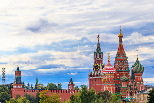 View of St. Basil's Cathedral and Spasskaya tower of Kremlin on Red Square in Moscow, Russia