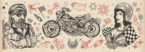 Bikers. Old school tattoo collection. Bearded biker man, burning motorcycle, rider sport woman. Lifestyle of racers. Pin up girl, spark plug, moto bike elements. Traditional tattooing style