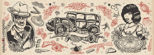 Mafia. Gangsters. Old school tattoo collection. Crime boss plays saxophone, retro car, robbers, bandits weapons, croupier pin up girl, casino. Noir criminal movie art. Traditional tattooing art