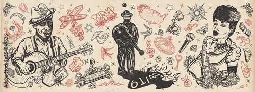 Blues music. Old school tattoo vector collection. Musical legend, crossroads 61/49 and devil. Elderly Afro American bluesman playing slide guitar. Beautiful black jazz woman, saxophone, harmonica