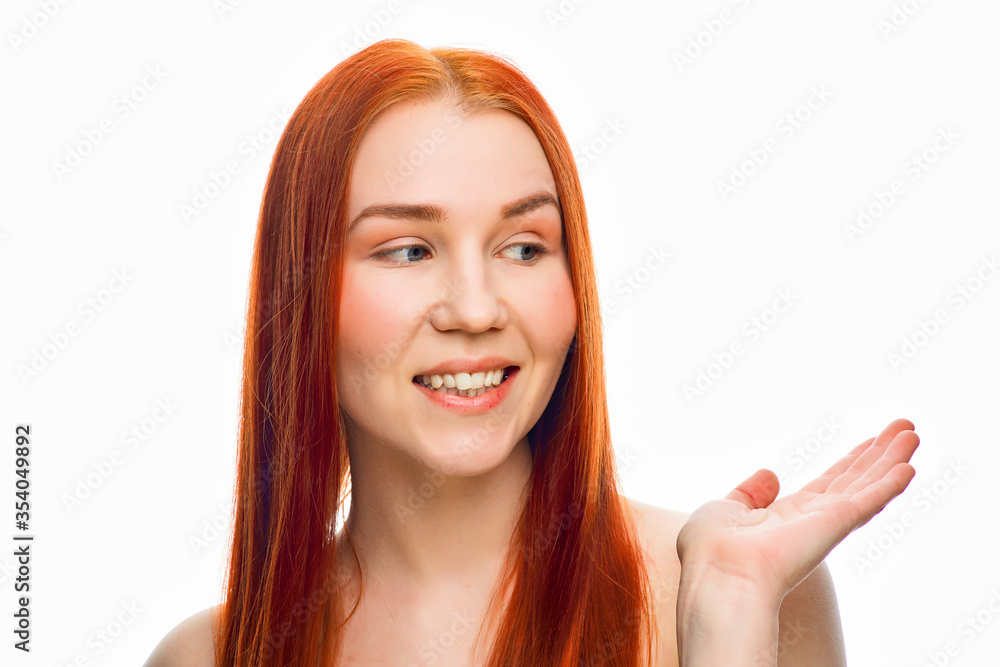 close beauty portrait of a red-haired girl with clean skin and various emotions. Isolated on a white background. close beauty portrait of a red-haired girl with clean skin and various emotions. Isolated on a white background.