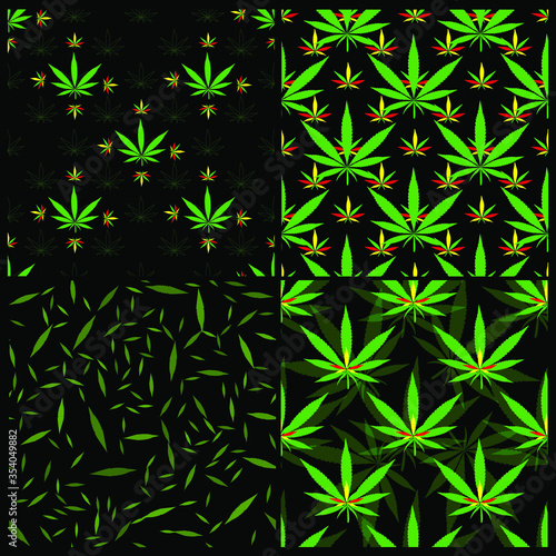 set of seamless patterns of cannabis, green leaves in a geometric order, on a black background a stylish solution for your design, vector collection of four ornaments