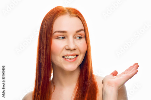 close beauty portrait of a red-haired girl with clean skin and various emotions. Isolated on a white background.