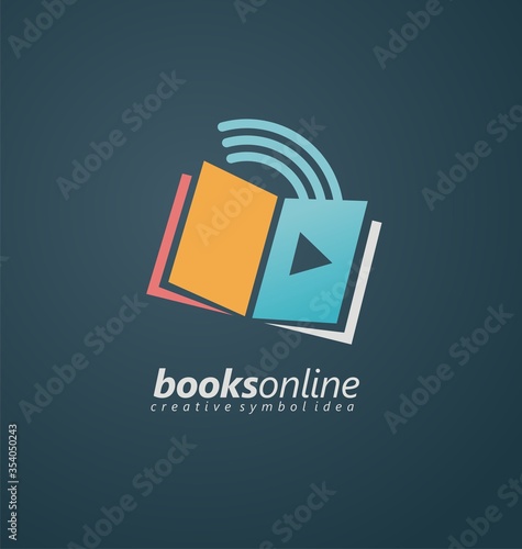 Books online creative symbol idea. Logo design template for book store or library. Vector icon layout.