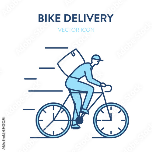 Bicycle delivery icon. Courier delivery man on bike with parcel box on the back. Vector illustration of a city bike delivering service with a cyclist in a hat carrying package