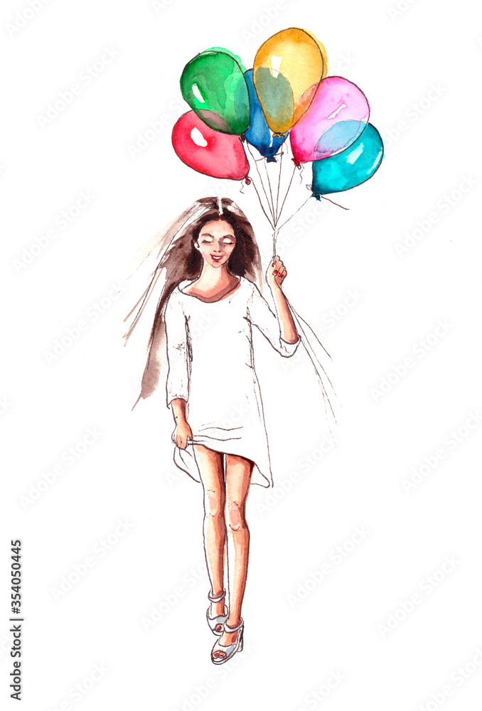 hand-drawn watercolor illustration. Girl in white dress with multicolored balloons hand-drawn watercolor illustration. Girl in white dress with multicolored balloons