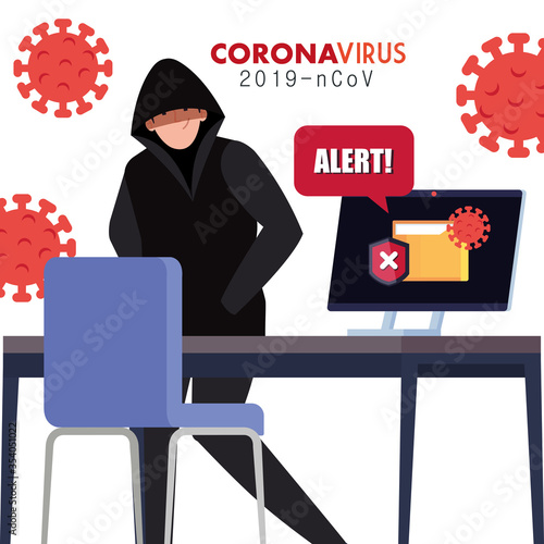 hacker and laptop with alert sign during covid 19 pandemic vector illustration design