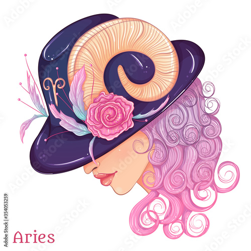 Zodiac. Vector illustration of the astrological sign of Aries as a beautiful fashion girl in hat. Sign in hand drawn style isolated on white background. Fashion glamour woman
