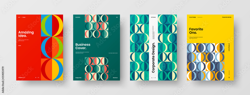 Naklejka premium Company identity brochure template collection. Business presentation vector A4 vertical orientation front page mock up set. Corporate report cover abstract geometric illustration design layout bundle.