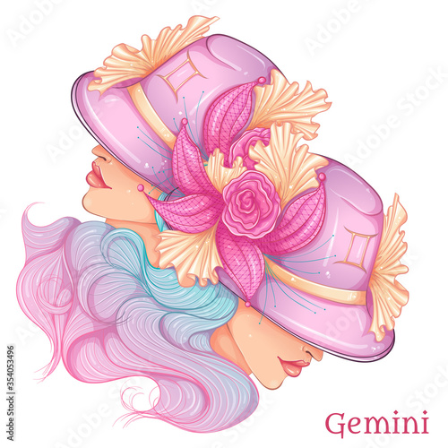 Zodiac. Vector illustration of the astrological sign of Gemini as a beautiful fashion girl in hat. Sign in hand drawn style isolated on white background. Fashion glamour woman