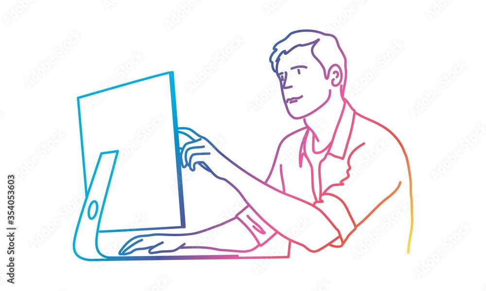 Man pointing at computer. Rainbow colors in linear vector illustration. Man pointing at computer. Rainbow colors in linear vector illustration.
