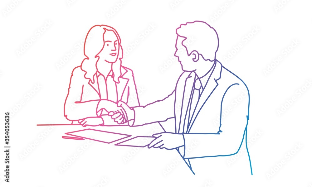 Man and woman shaking hands during meeting. Rainbow colors in linear vector illustration. Man and woman shaking hands during meeting. Rainbow colors in linear vector illustration.