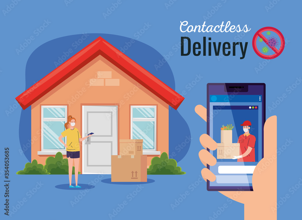 safe contactless delivery courier to home by covid 19, stay home, order goods online by smartphone vector illustration design safe contactless delivery courier to home by covid 19, stay home, order goods online by smartphone vector illustration design