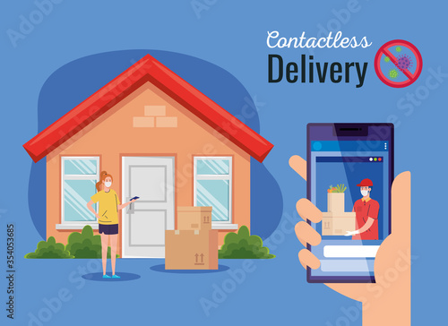 safe contactless delivery courier to home by covid 19, stay home, order goods online by smartphone vector illustration design