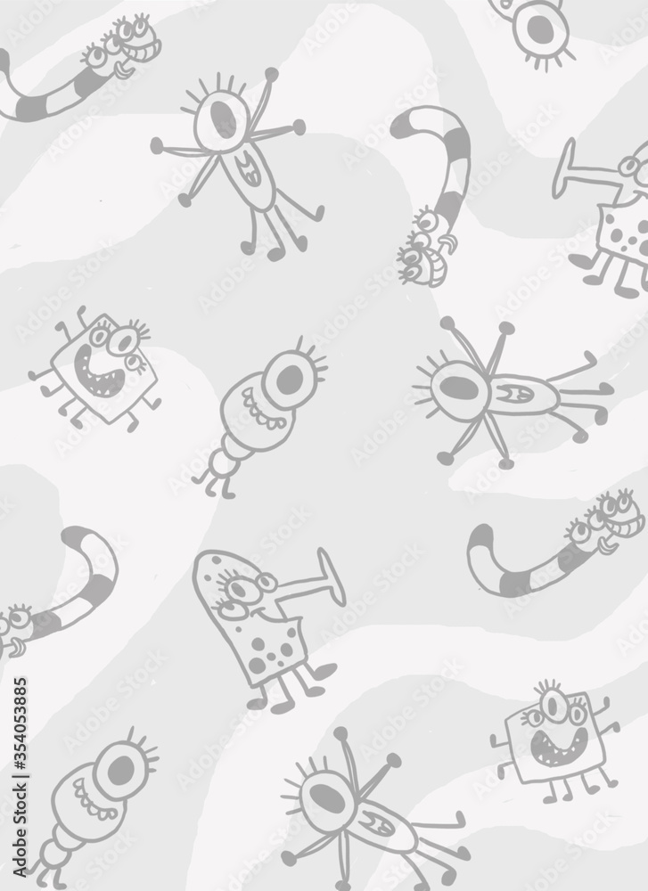 Background monochrome illustration pattern with cartoony doddles and charecters space kosmo rockets and ufo aliens