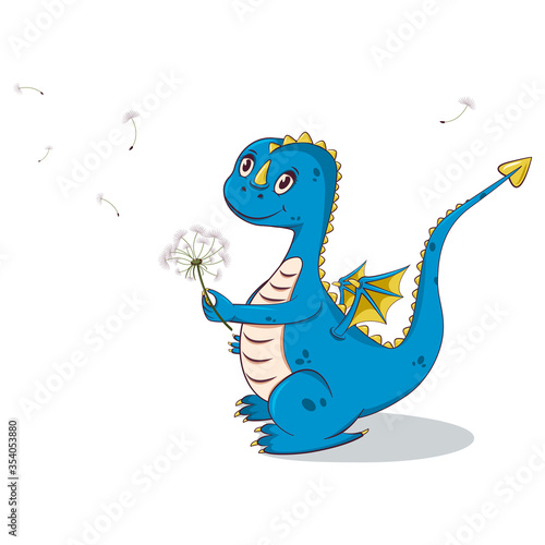 Cute dinosaur. Cute dinosaur with  dandelion. Little T-rex. Illustration for kids fashion.