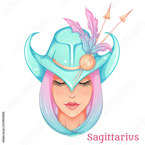 Zodiac. Vector illustration of the astrological sign of Sagittarius as a beautiful fashion girl in hat. Sign in hand drawn style isolated on white background. Fashion glamour woman