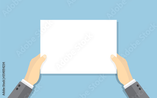 Businessman hands holding blank white sheet of paper. Empty space for text or object in the middle of graphic. Business Concept. Cartoon style. Vector illustration. 