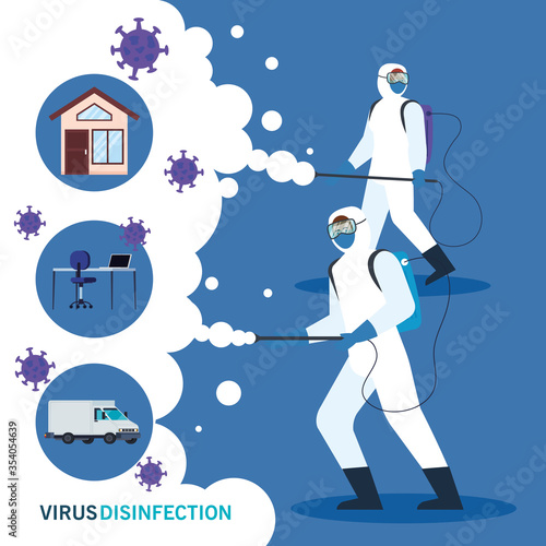persons with protective suit for spraying the covid 19, disinfect house and desk with vehicle vector illustration design