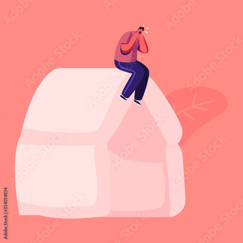 Male Character Suffering of Noise Pollution. Big City Social Problem of Much Hubbub on Street. Dweller Sitting on Roof Cover Ears to Stop Hearing Loud Sounds and Tinnitus. Cartoon Vector Illustration