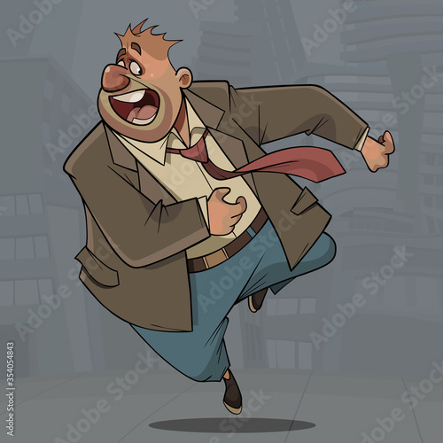 cartoon man in a suit with a tie runs away and screams