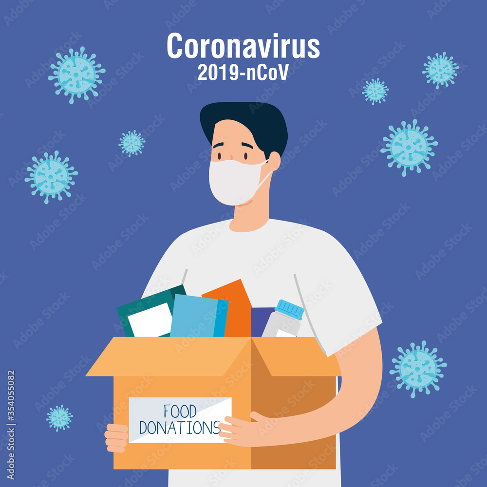 man with cardboard donation box books, social care, volunteering and charity concept vector illustration design man with cardboard donation box books, social care, volunteering and charity concept vector illustration design