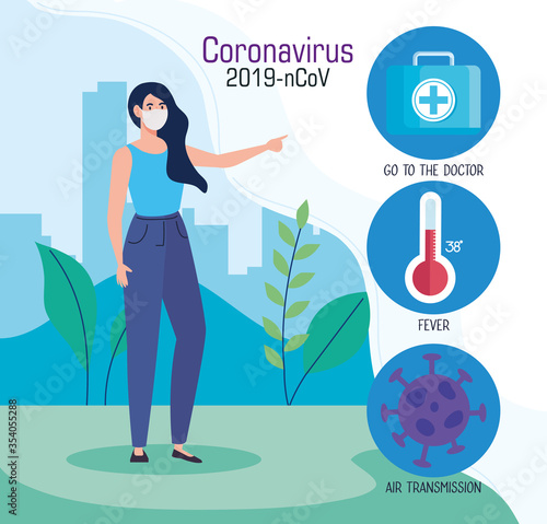 recommendations, woman using medical protective mask against coronavirus 2019 ncov vector illustration design