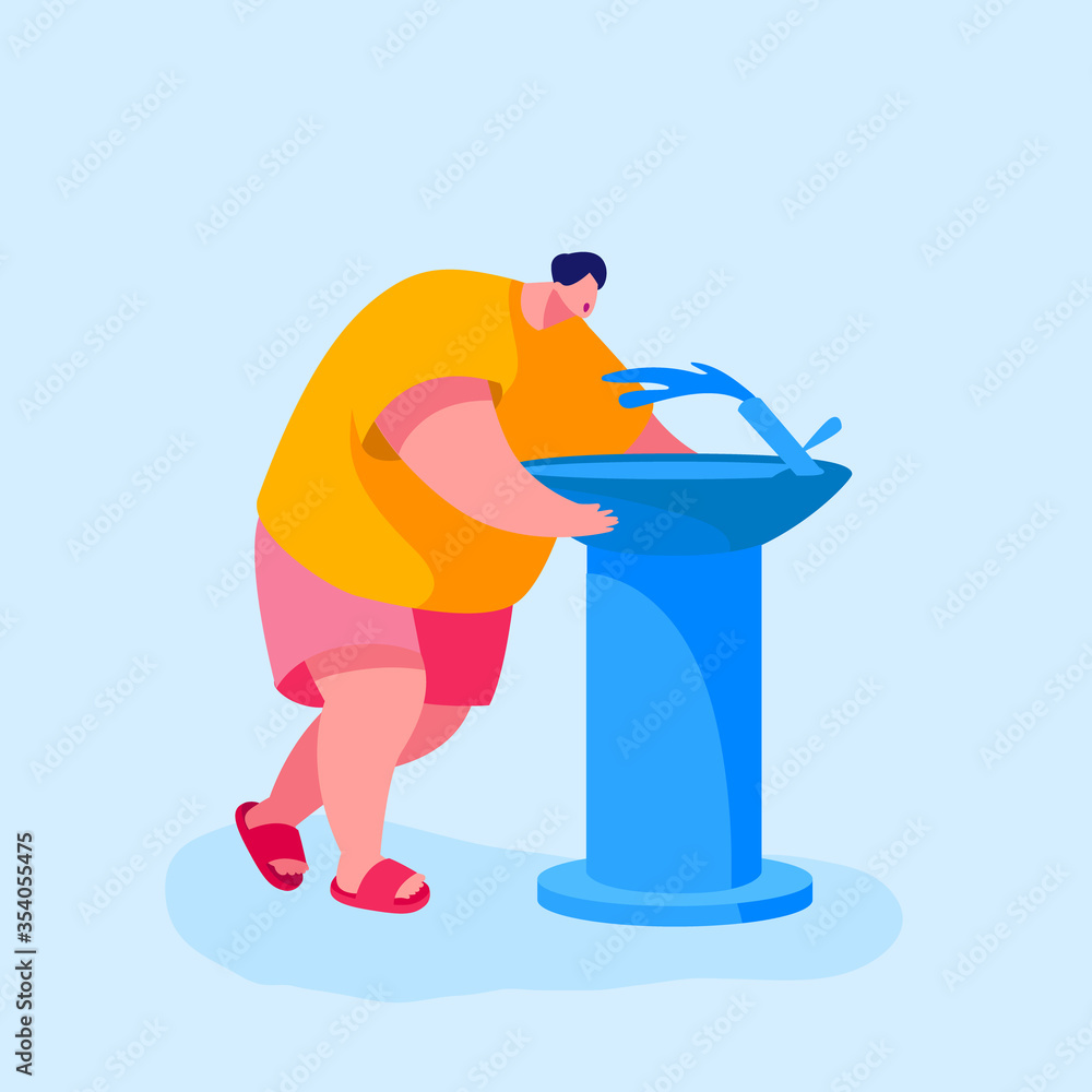 Young Man Drinking Water on Street in Hot Summer. Male Character Refreshing Outdoors with Cold Aqua and Washing Face Outside from Street Fountain. Heat, Summertime Weather. Cartoon Vector Illustration