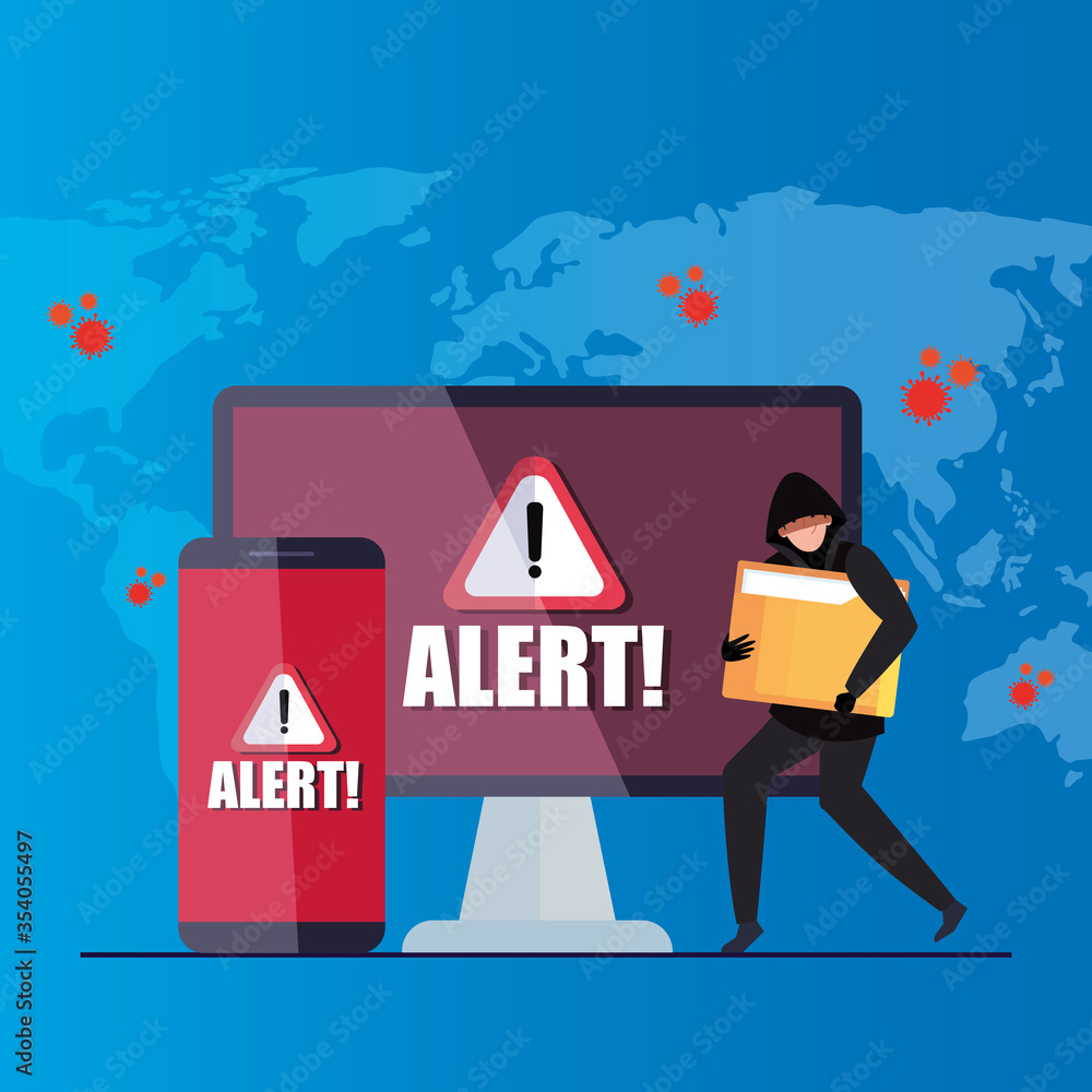 hacker with laptop and smartphone, danger warning sign during covid 19 pandemic vector illustration design - obrazy, fototapety, plakaty 
